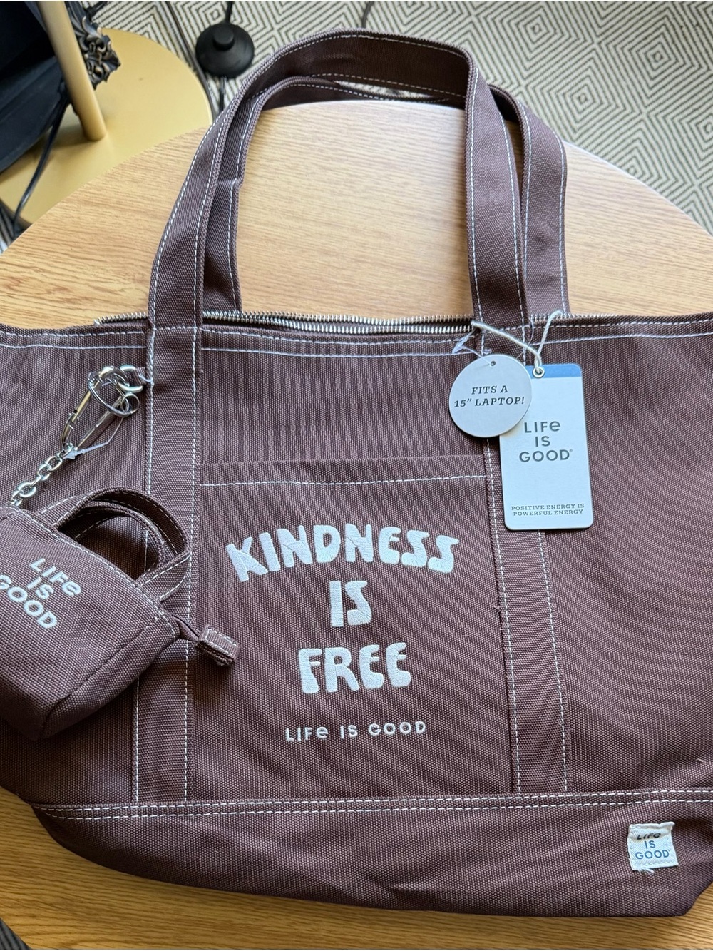 Life Is Good Brown Canvas Tote with "Kindness Is Free" Print